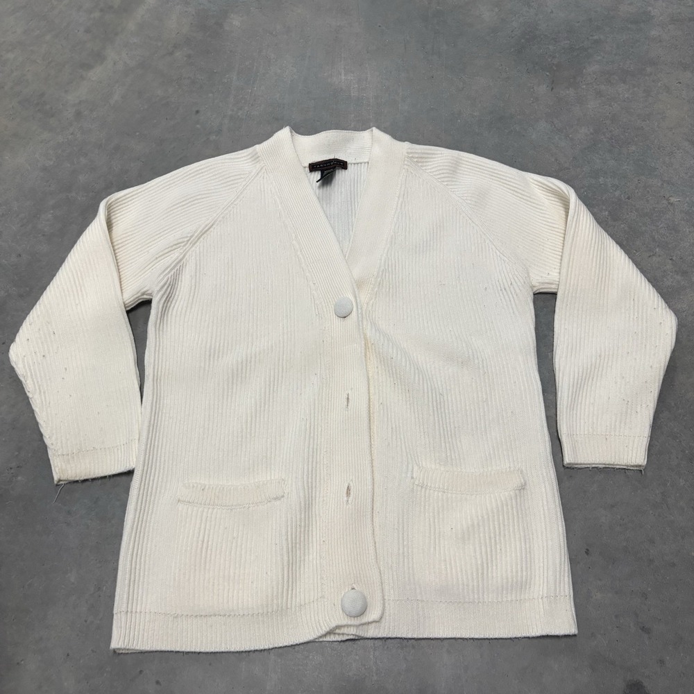 Yarnworks Ribbed Knit Cardigan Womens Size Medium Ivory Pockets‎ Sweater